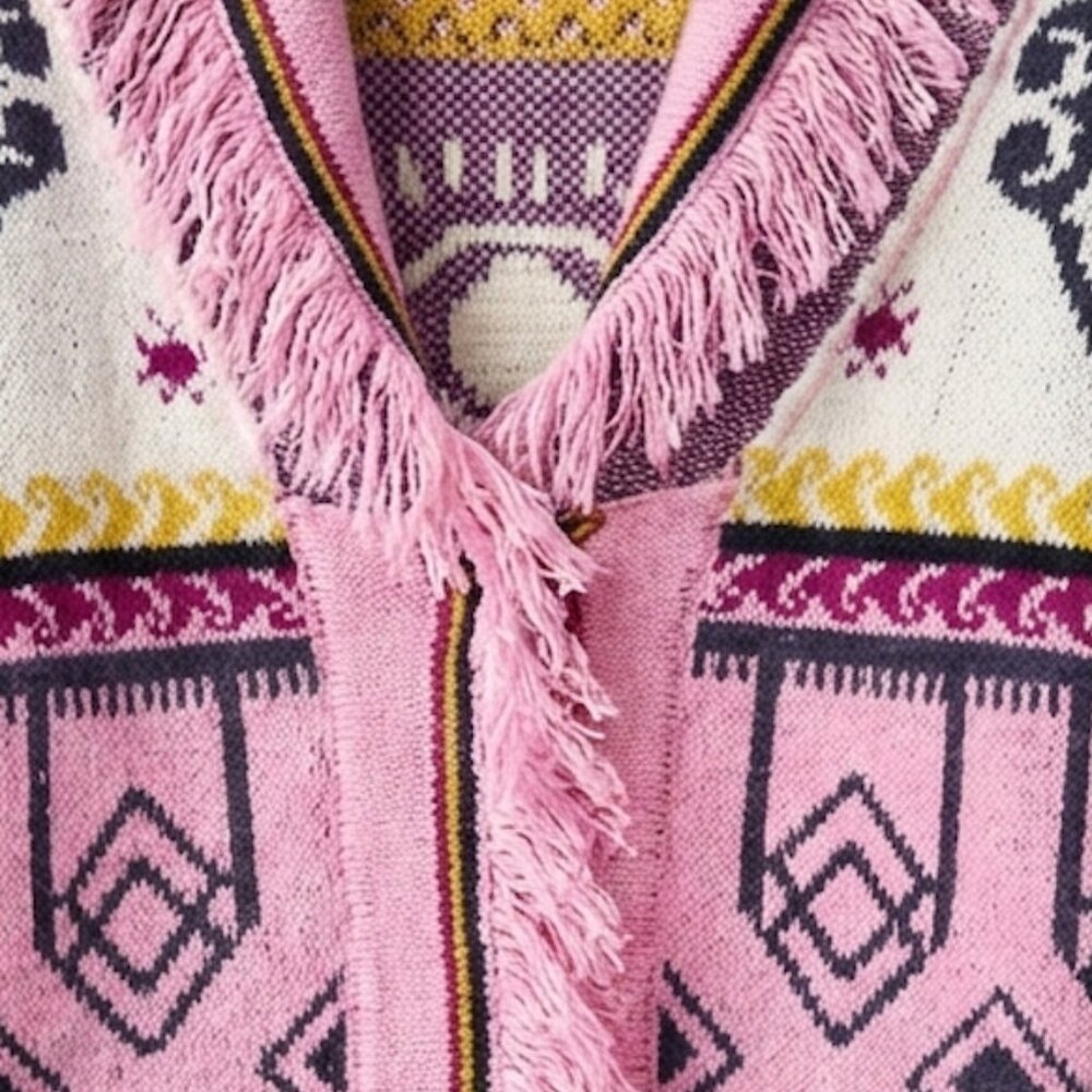 Pink Geometric Aztec Print Fringe Cardigan - Picture 4 of 15